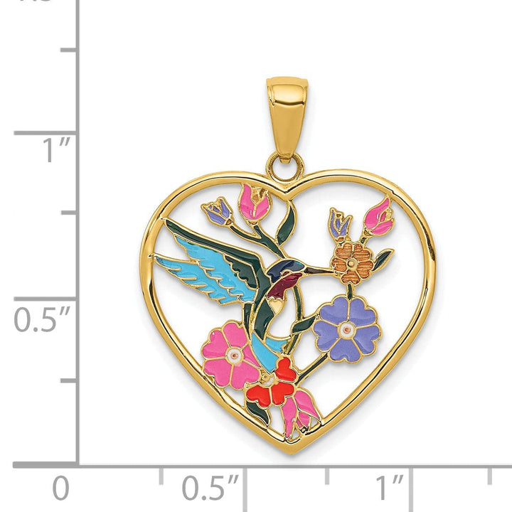 Lovely Rita's Pendants & Charms 14k Yellow Gold Solid Multi Enameled Textured Polished Finish Hummingbird with Flowers Heart Design Charm Pendant