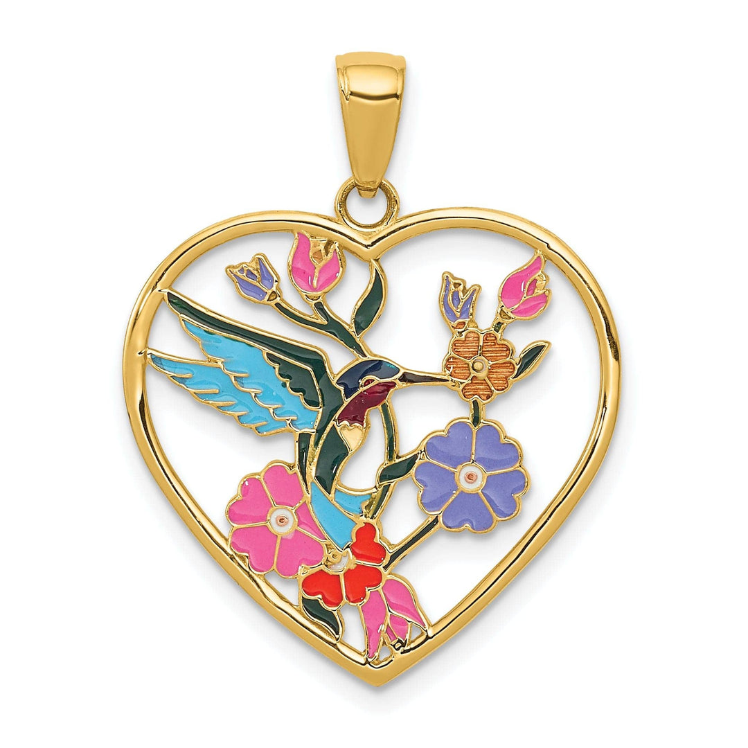 Lovely Rita's Pendants & Charms 14k Yellow Gold Solid Multi Enameled Textured Polished Finish Hummingbird with Flowers Heart Design Charm Pendant