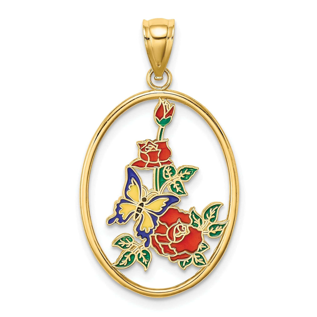 Lovely Rita's Pendants & Charms 14K Yellow Gold Solid Open Back Polished Finish Enamel Yellow Butterfly in Oval Red Flower Charm Pendant