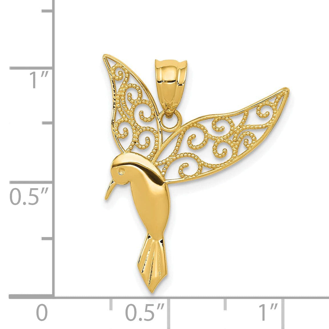 Lovely Rita's Pendants & Charms 14k Yellow Gold Solid Open Back Polished Finish Filigree Flying Hummingbird Design Charm Pendant