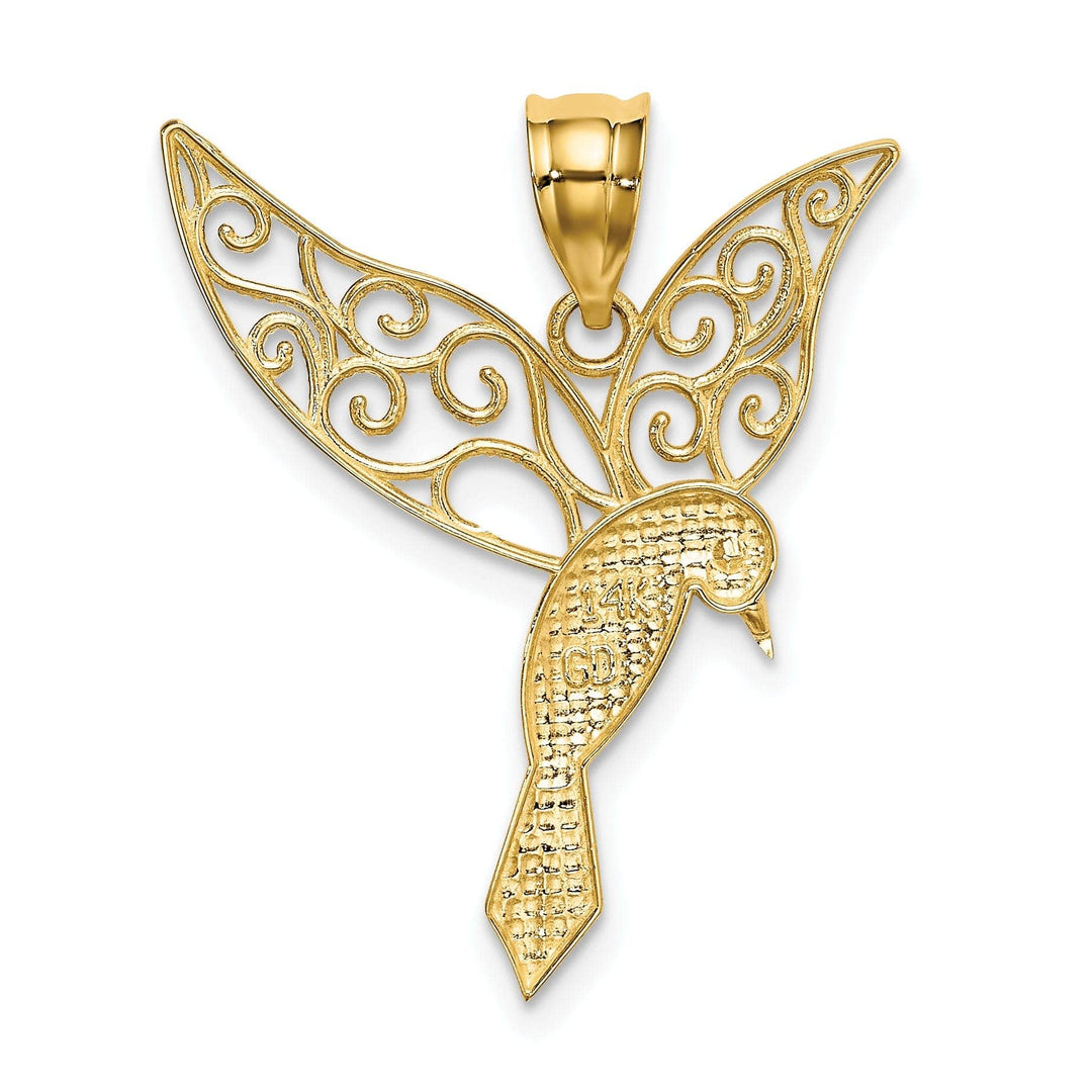 Lovely Rita's Pendants & Charms 14k Yellow Gold Solid Open Back Polished Finish Filigree Flying Hummingbird Design Charm Pendant