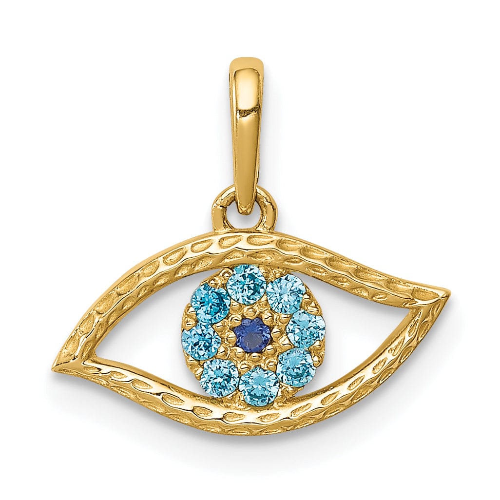 Lovely Rita's Pendants & Charms 14K Yellow Gold Solid Open Back Polished Textured Finish With Blue Cubic Zirconia Stones Eye Shape Charm Pendant
