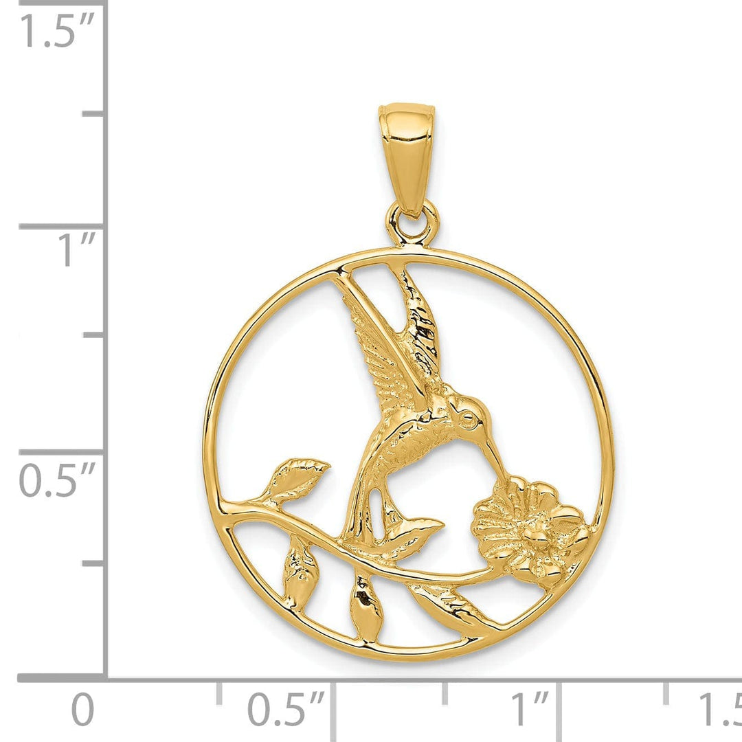 Lovely Rita's Pendants & Charms 14K Yellow Gold Solid Polished Finish Hummingbird with Flower Design in Round Frame Shape Circle Pendant