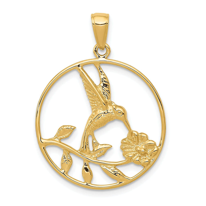Lovely Rita's Pendants & Charms 14K Yellow Gold Solid Polished Finish Hummingbird with Flower Design in Round Frame Shape Circle Pendant