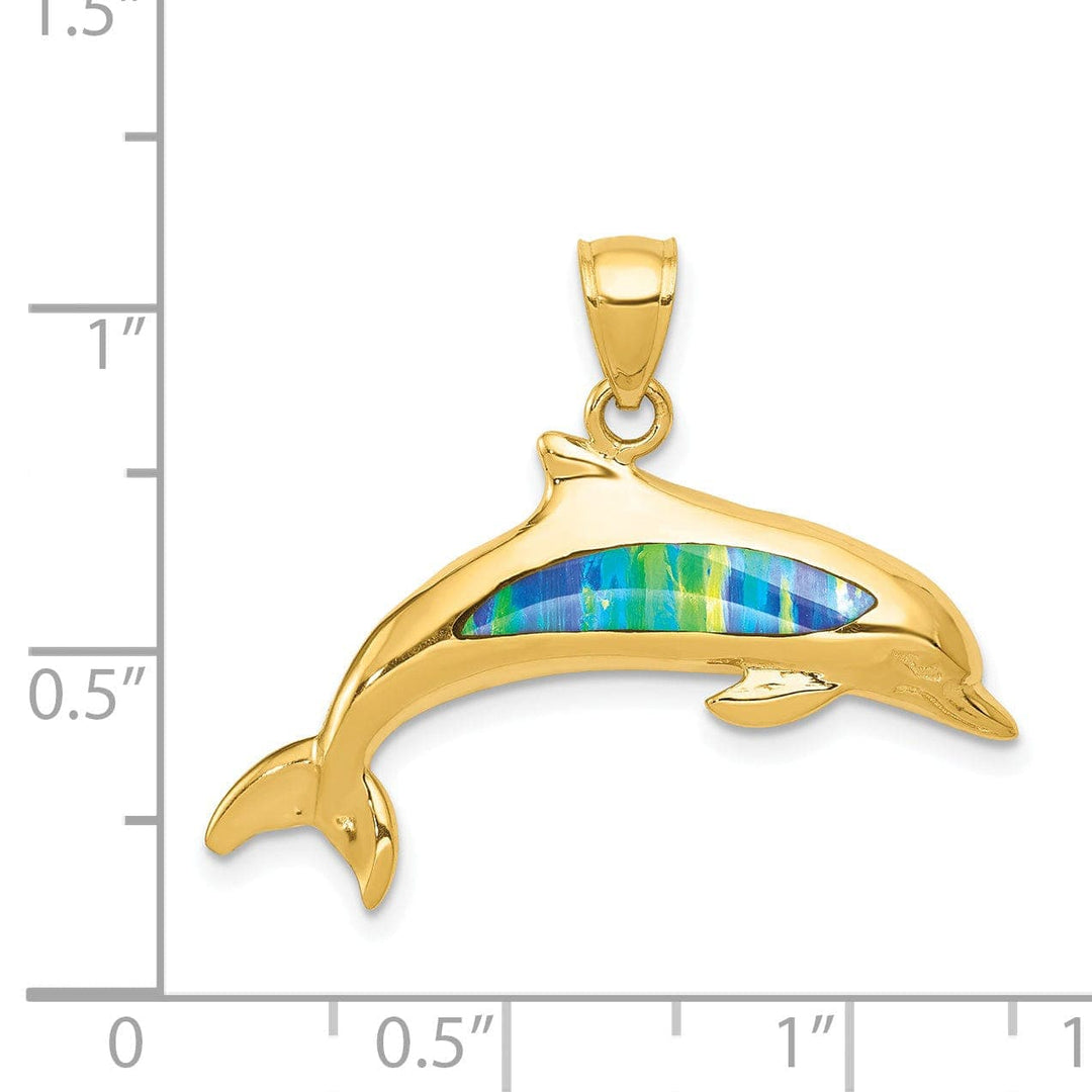 Lovely Rita's Pendants & Charms 14K Yellow Gold Solid Polished Finish Lab Created Opal Design Dolphin Charm Pendant
