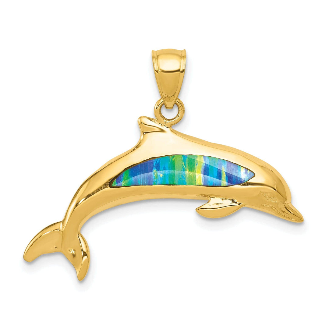 Lovely Rita's Pendants & Charms 14K Yellow Gold Solid Polished Finish Lab Created Opal Design Dolphin Charm Pendant