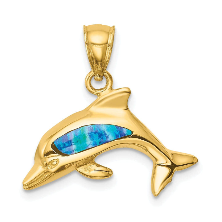 Lovely Rita's Pendants & Charms 14K Yellow Gold Solid Polished Finish Lab Created Opal Dolphin Charm Pendant