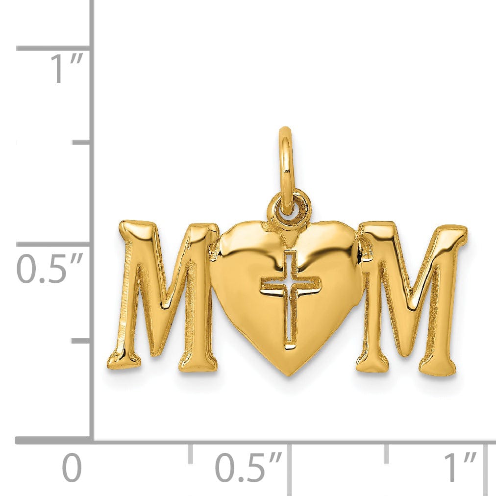 Lovely Rita's Pendants & Charms 14k Yellow Gold Solid Polished Finish Script MOM with Cross in Heart Design Pendant