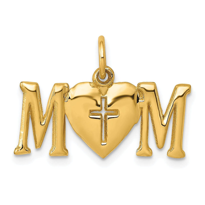 Lovely Rita's Pendants & Charms 14k Yellow Gold Solid Polished Finish Script MOM with Cross in Heart Design Pendant
