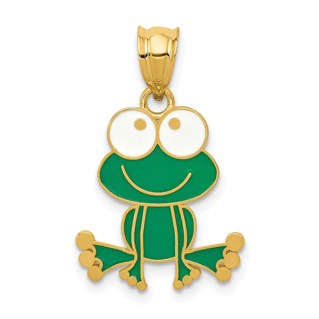 Lovely Rita's Pendants & Charms 14k Yellow Gold Solid Polished Green and White Enameled Finish Frog Charm Pendant