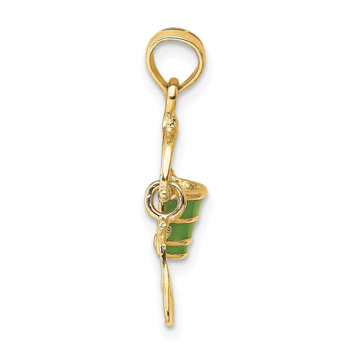 Lovely Rita's Pendants & Charms 14k Yellow Gold Solid Polished Green Color Enameled Finish Moveable 2-Dimensional Beach Pail with Shovel Charm Pendant