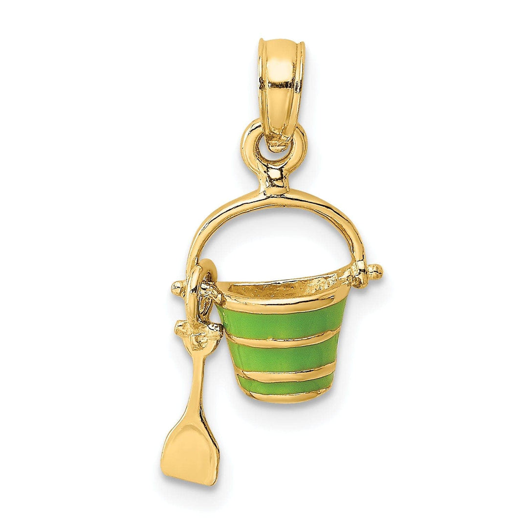 Lovely Rita's Pendants & Charms 14k Yellow Gold Solid Polished Green Color Enameled Finish Moveable 2-Dimensional Beach Pail with Shovel Charm Pendant