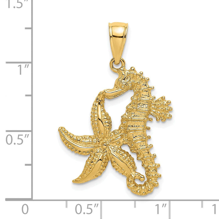 Lovely Rita's Pendants & Charms 14K Yellow Gold Solid Polished Texture Finish Starfish and Seahorse Design Charm Pendant