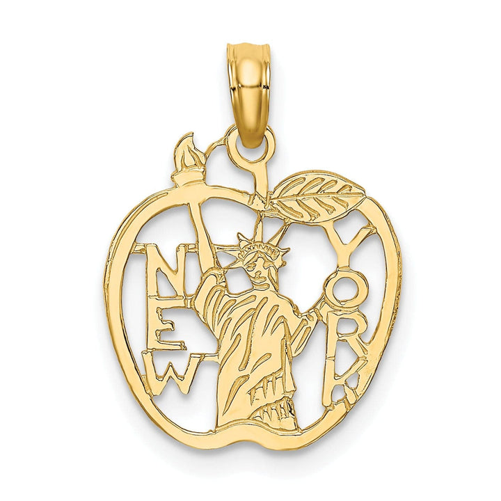 Lovely Rita's Pendants & Charms 14k Yellow Gold Solid Polished Textured Finish NEW YORK with Statue of Liberty in Apple Cut Out Design Charm Pendant