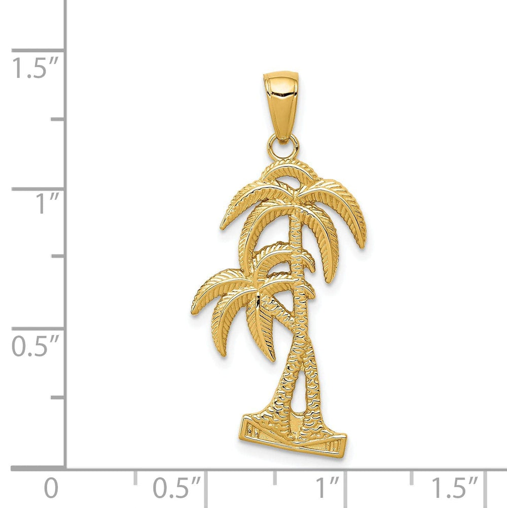 Lovely Rita's Pendants & Charms 14K Yellow Gold Solid Polished Textured Finish Open Back Double Palm Trees Charm Pendant