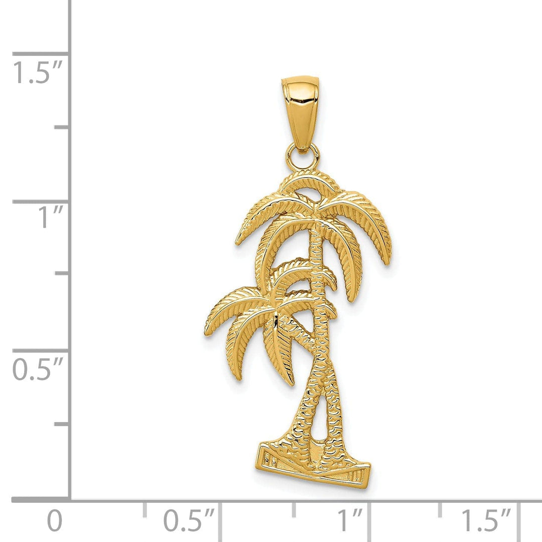 Lovely Rita's Pendants & Charms 14K Yellow Gold Solid Polished Textured Finish Open Back Double Palm Trees Charm Pendant
