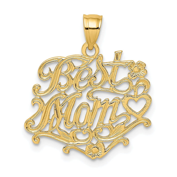 Lovely Rita's Pendants & Charms 14K Yellow Gold Solid Polished Textured Finish Script BEST MOM Design Charm Pendant