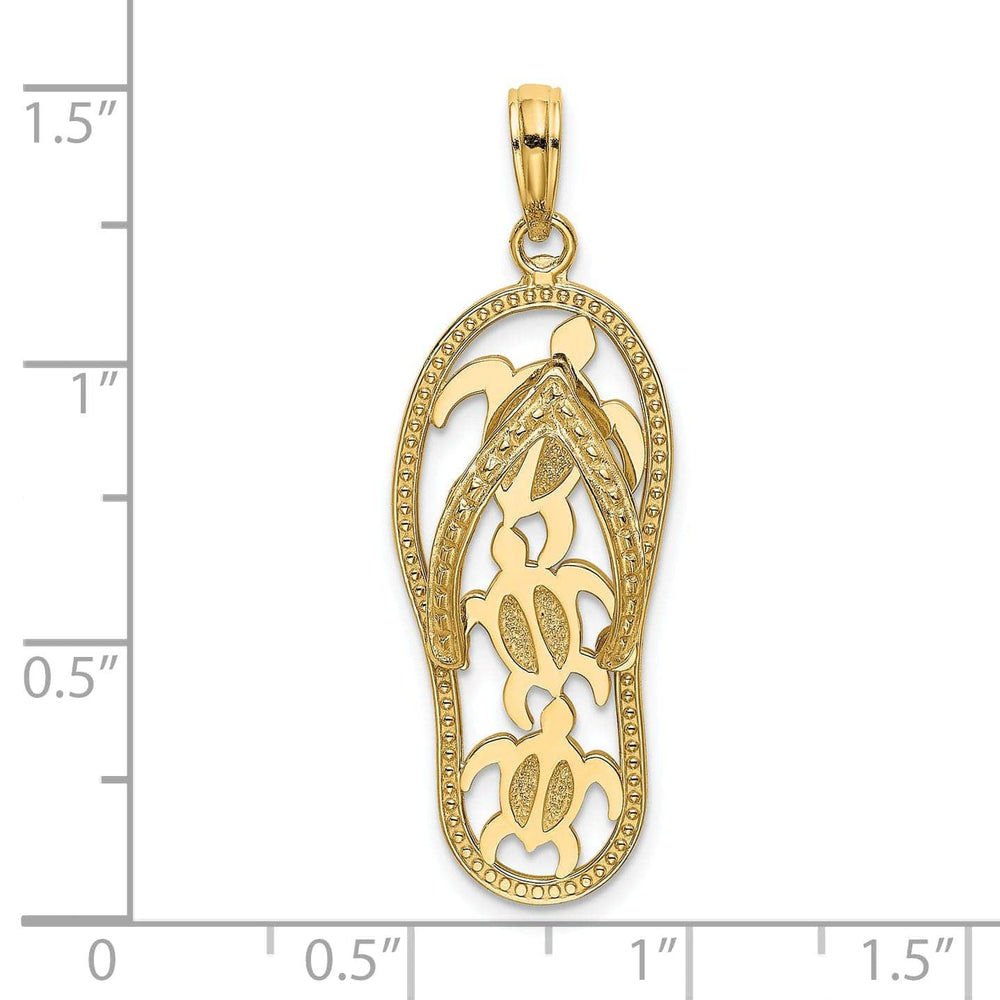 Lovely Rita's Pendants & Charms 14K Yellow Gold Solid Polished Textured Finish Triple Sea Turtles Design Flip-Flop Beach Sandle Charm Pendant