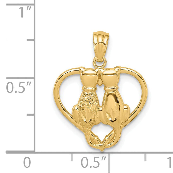 Lovely Rita's Pendants & Charms 14k Yellow Gold Solid Polished Textured Finish Two Sitting Cats in Heart Shape Design Charm Pendant