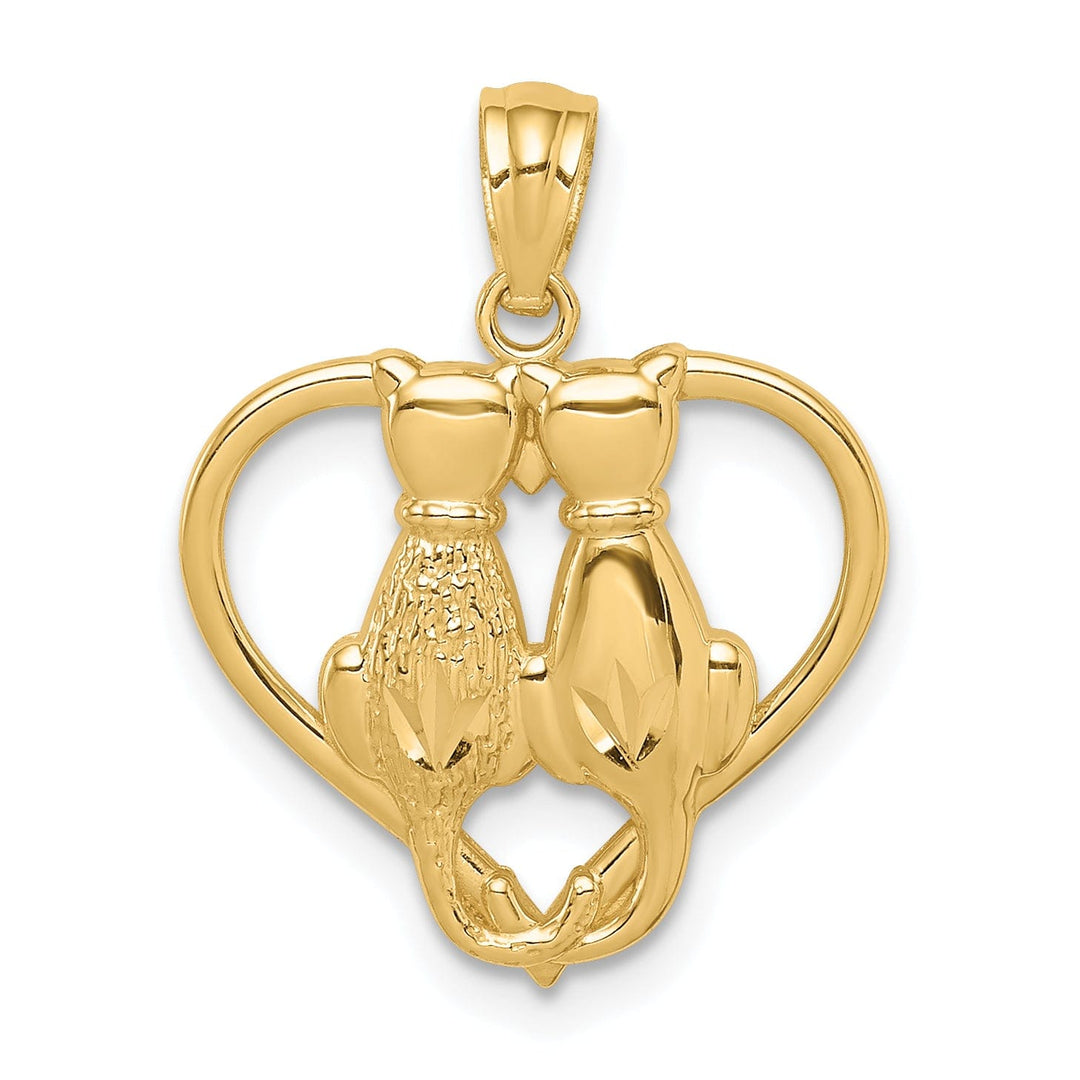 Lovely Rita's Pendants & Charms 14k Yellow Gold Solid Polished Textured Finish Two Sitting Cats in Heart Shape Design Charm Pendant