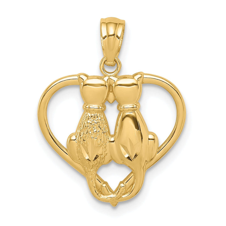 Lovely Rita's Pendants & Charms 14k Yellow Gold Solid Polished Textured Finish Two Sitting Cats in Heart Shape Design Charm Pendant