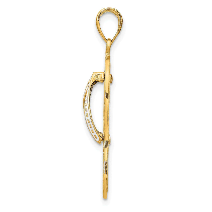 Lovely Rita's Pendants & Charms 14K Yellow Gold Solid Polished Textured Green, White Enameled Finish Triple Sea Turtles Design Flip-Flop Beach Sandle Charm Pendant