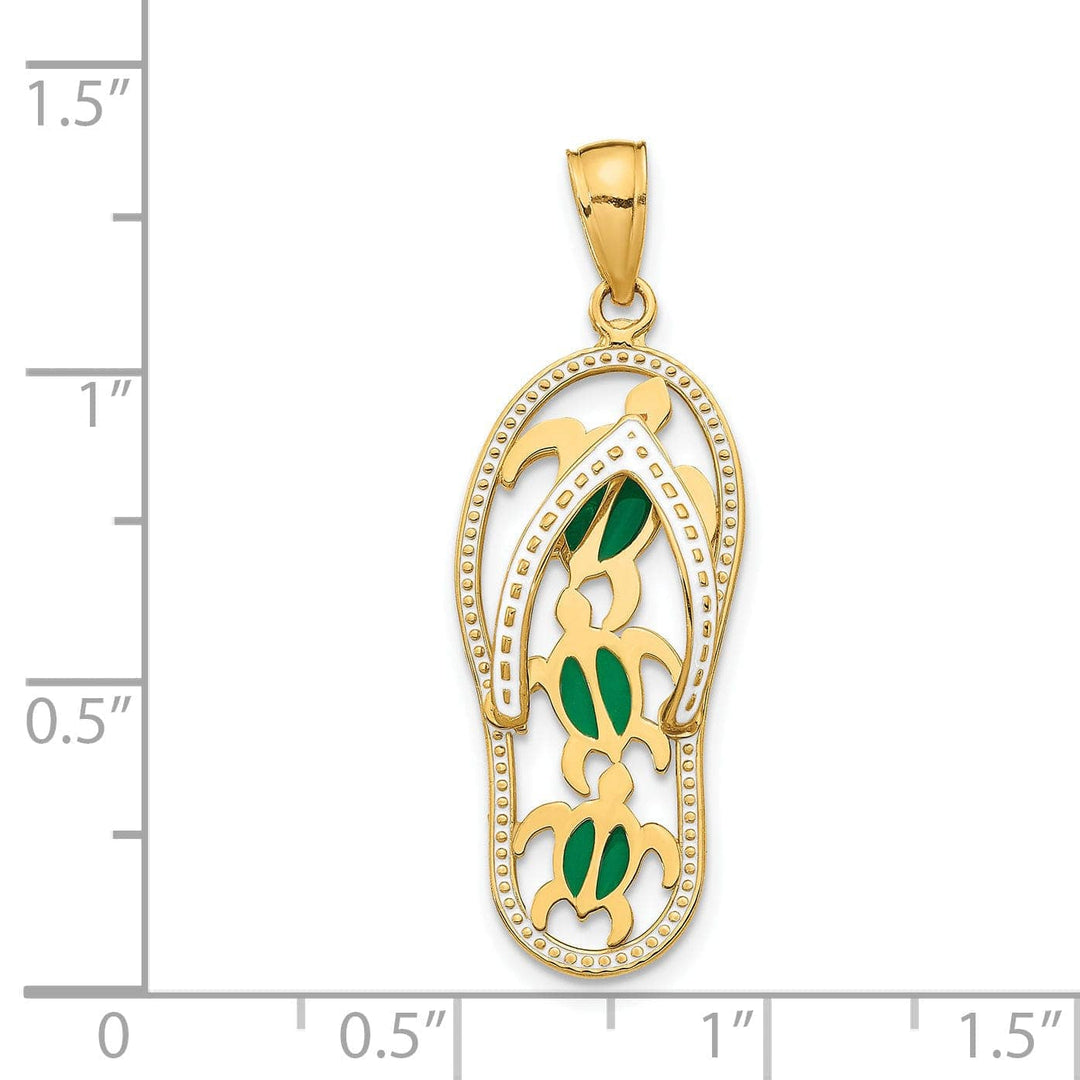 Lovely Rita's Pendants & Charms 14K Yellow Gold Solid Polished Textured Green, White Enameled Finish Triple Sea Turtles Design Flip-Flop Beach Sandle Charm Pendant