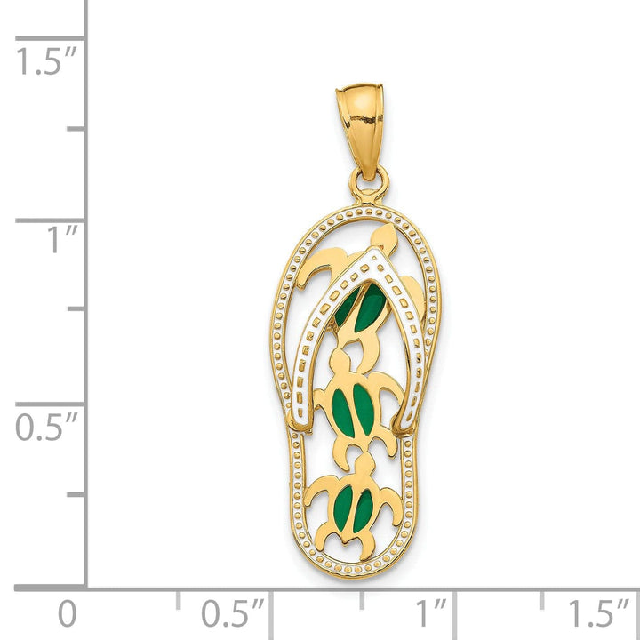 Lovely Rita's Pendants & Charms 14K Yellow Gold Solid Polished Textured Green, White Enameled Finish Triple Sea Turtles Design Flip-Flop Beach Sandle Charm Pendant