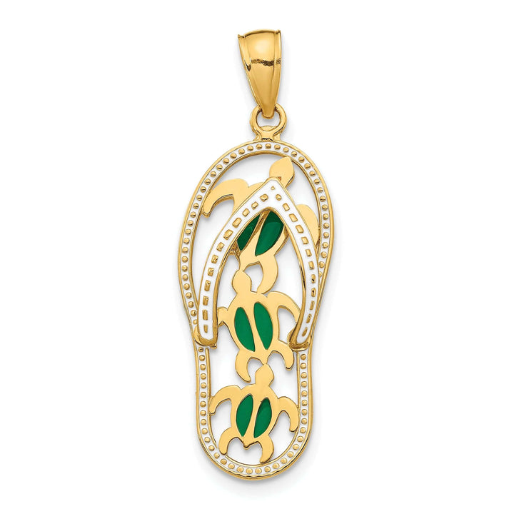 Lovely Rita's Pendants & Charms 14K Yellow Gold Solid Polished Textured Green, White Enameled Finish Triple Sea Turtles Design Flip-Flop Beach Sandle Charm Pendant