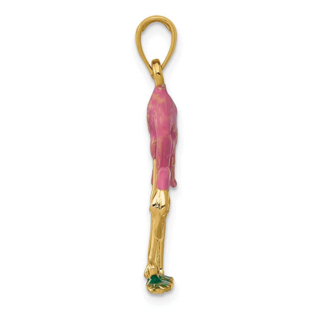 Lovely Rita's Pendants & Charms 14k Yellow Gold Solid Polished with Pink, Green Enameled Finish 3-Dimensional Flamingo Charm Pendant