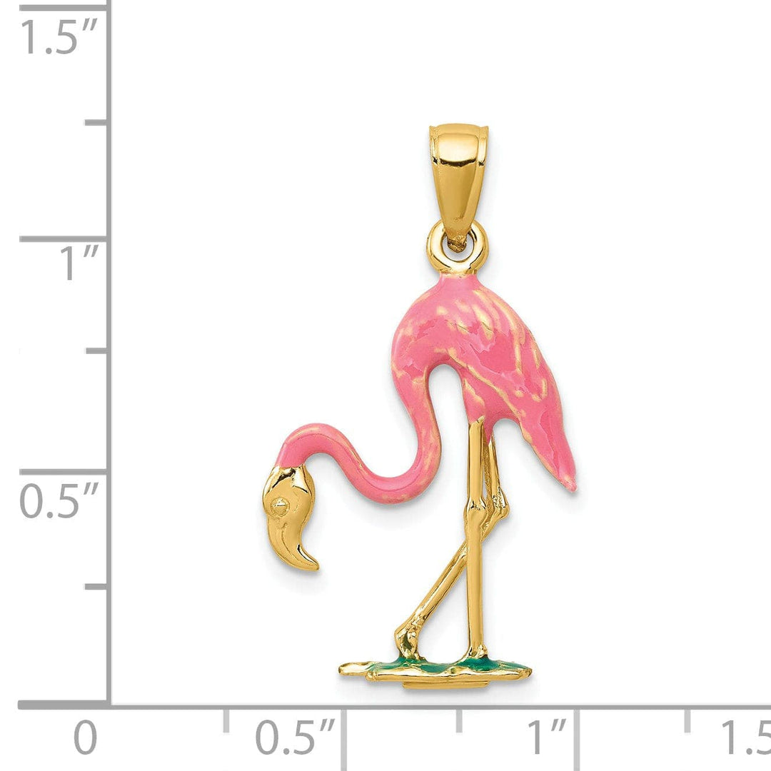 Lovely Rita's Pendants & Charms 14k Yellow Gold Solid Polished with Pink, Green Enameled Finish 3-Dimensional Flamingo Charm Pendant