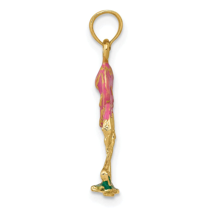 Lovely Rita's Pendants & Charms 14k Yellow Gold Solid Polished with Pink, Green Enameled Finish Flamingo Charm Pendant