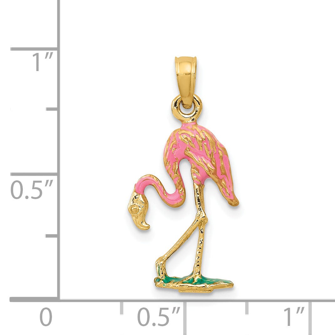 Lovely Rita's Pendants & Charms 14k Yellow Gold Solid Polished with Pink, Green Enameled Finish Flamingo Charm Pendant