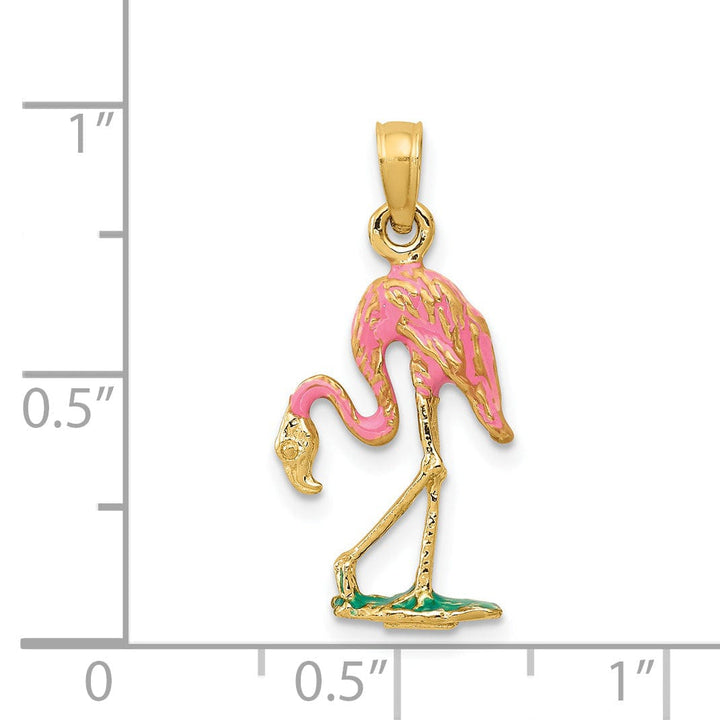 Lovely Rita's Pendants & Charms 14k Yellow Gold Solid Polished with Pink, Green Enameled Finish Flamingo Charm Pendant