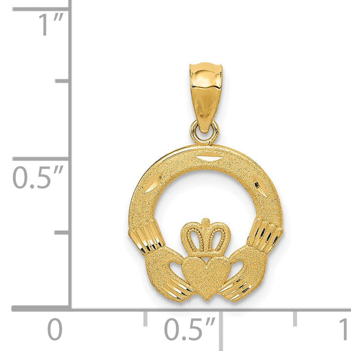 Lovely Rita's Pendants & Charms 14k Yellow Gold Solid Satin Diamond Cut Finish Flat-Backed Claddagh Design Charm Pendant