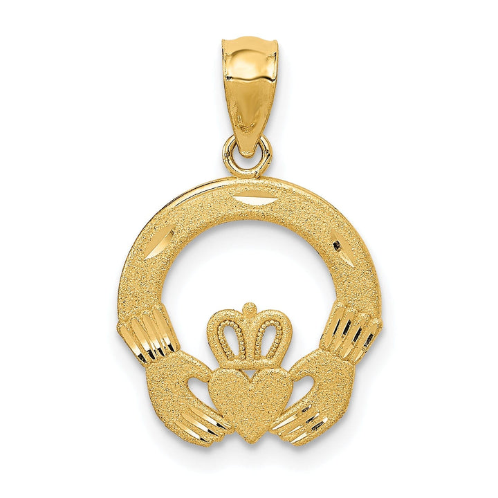 Lovely Rita's Pendants & Charms 14k Yellow Gold Solid Satin Diamond Cut Finish Flat-Backed Claddagh Design Charm Pendant