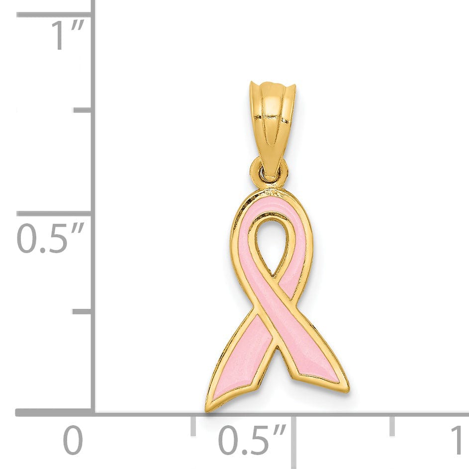 Lovely Rita's Pendants & Charms 14k Yellow Gold Solid Small Size Polished Textured Pink Enameled Finish Awareness Ribbon Charm Pendant