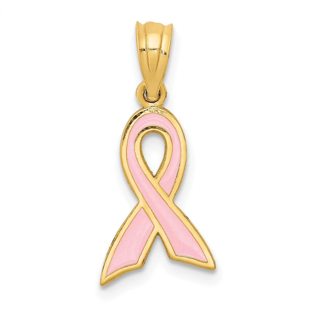 Lovely Rita's Pendants & Charms 14k Yellow Gold Solid Small Size Polished Textured Pink Enameled Finish Awareness Ribbon Charm Pendant