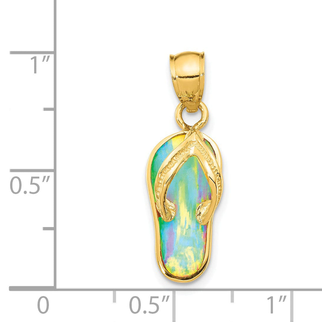 Lovely Rita's Pendants & Charms 14k Yellow Gold Solid Texture Polished Finish with Created White Opal 3-Dimensional Flip Flop Sandle Charm Pendant