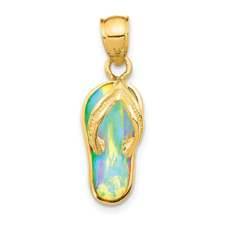 Lovely Rita's Pendants & Charms 14k Yellow Gold Solid Texture Polished Finish with Created White Opal 3-Dimensional Flip Flop Sandle Charm Pendant