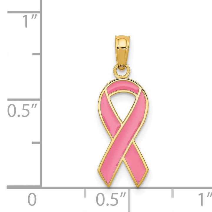 Lovely Rita's Pendants & Charms 14k Yellow Gold Solid Texture Polished Pink Enameled Finish Awareness Ribbon Charm Pendant