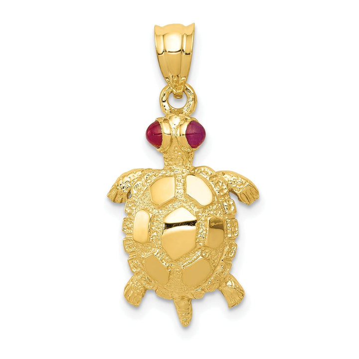 Lovely Rita's Pendants & Charms 14k Yellow Gold Solid Textured Casted Polished Finish Turtle with Ruby Eyes Charm Pendant