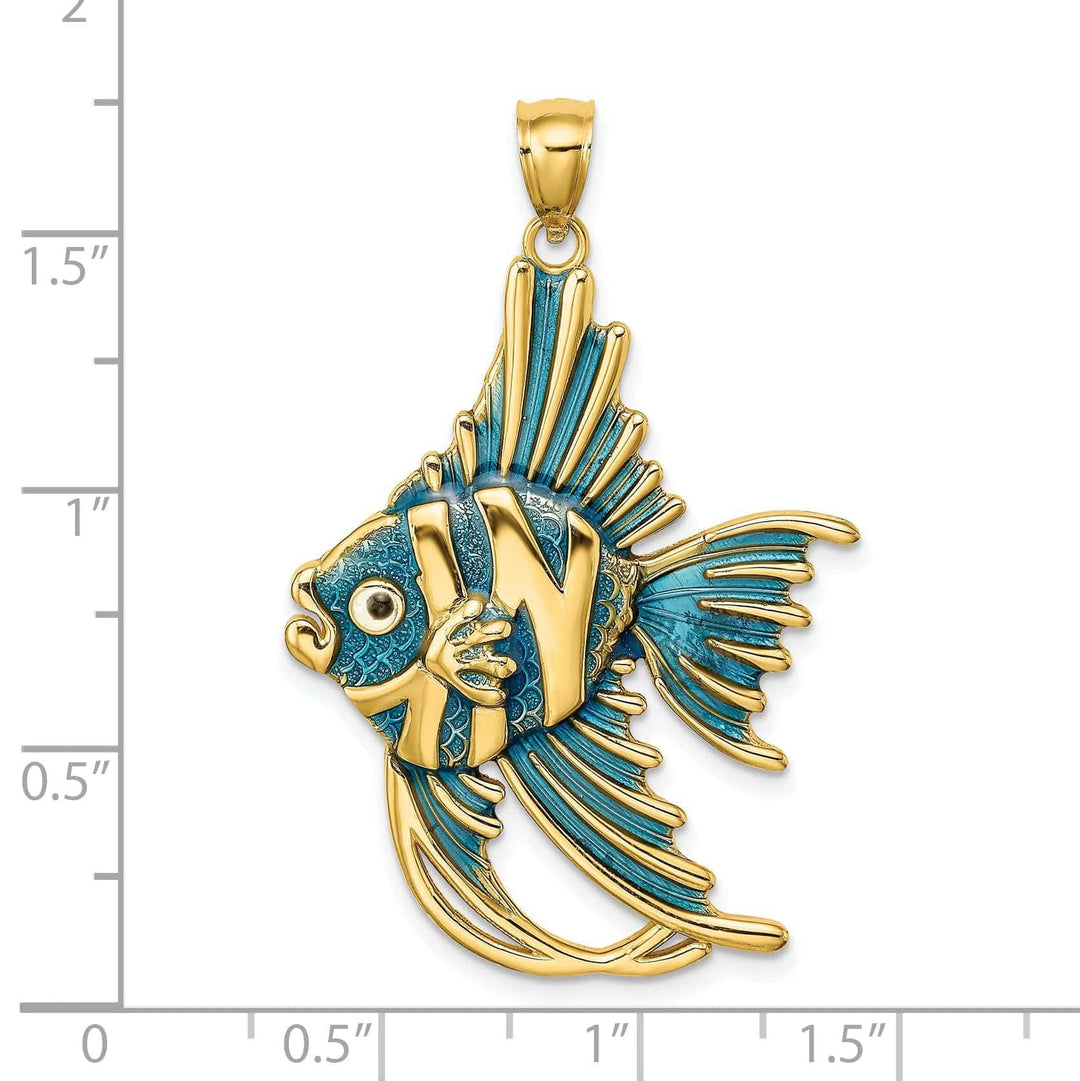 Lovely Rita's Pendants & Charms 14K Yellow Gold Solid Textured Polished Blue Enamel Finish ANGELFISH Charm Pendant