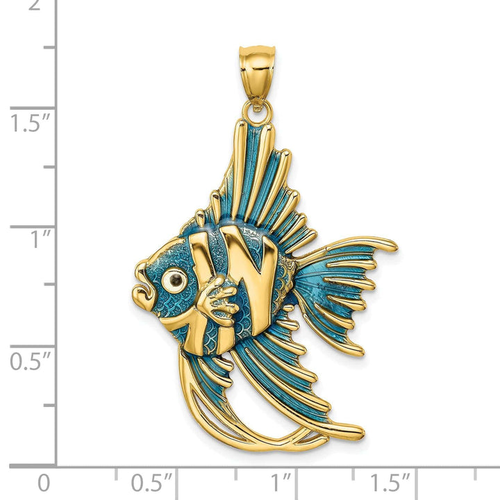 Lovely Rita's Pendants & Charms 14K Yellow Gold Solid Textured Polished Blue Enamel Finish ANGELFISH Charm Pendant