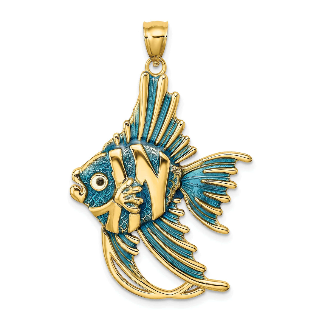 Lovely Rita's Pendants & Charms 14K Yellow Gold Solid Textured Polished Blue Enamel Finish ANGELFISH Charm Pendant