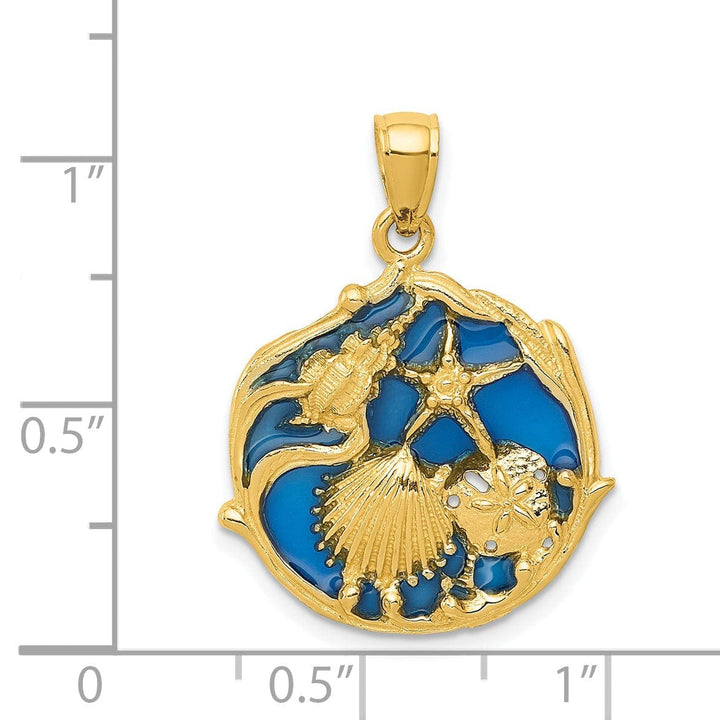 Lovely Rita's Pendants & Charms 14K Yellow Gold Solid Textured Polished Blue Enameled Finish Ocean Sea Shell Cluster Charm Pendant