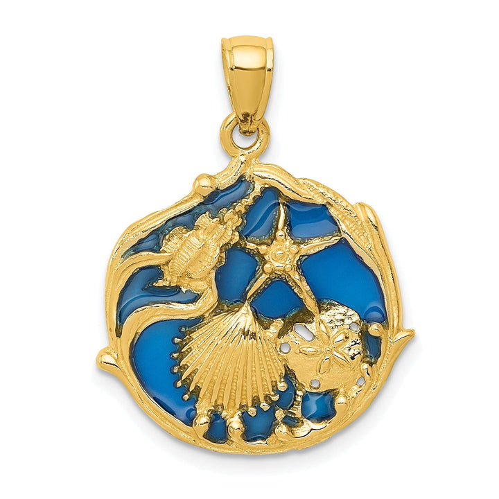 Lovely Rita's Pendants & Charms 14K Yellow Gold Solid Textured Polished Blue Enameled Finish Ocean Sea Shell Cluster Charm Pendant