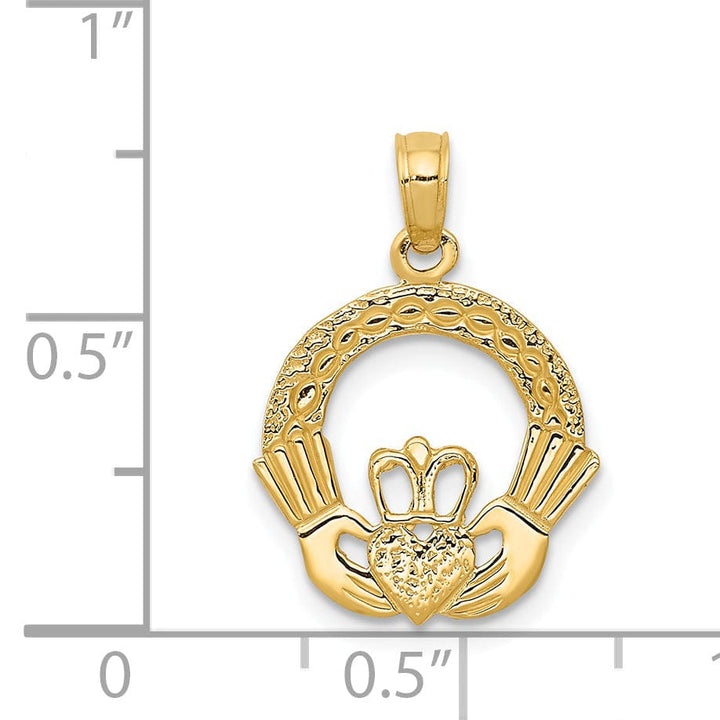 Lovely Rita's Pendants & Charms 14k Yellow Gold Solid Textured Polished Finish Claddagh Design Charm Pendant