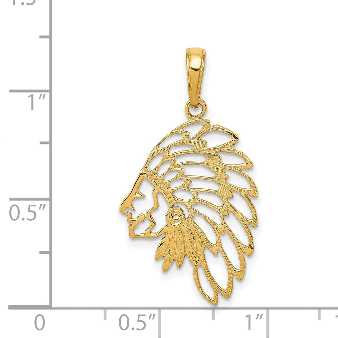 Lovely Rita's Pendants & Charms 14K Yellow Gold Solid Textured Polished Finish Indian Head With Feathers Dress Charm Pendant