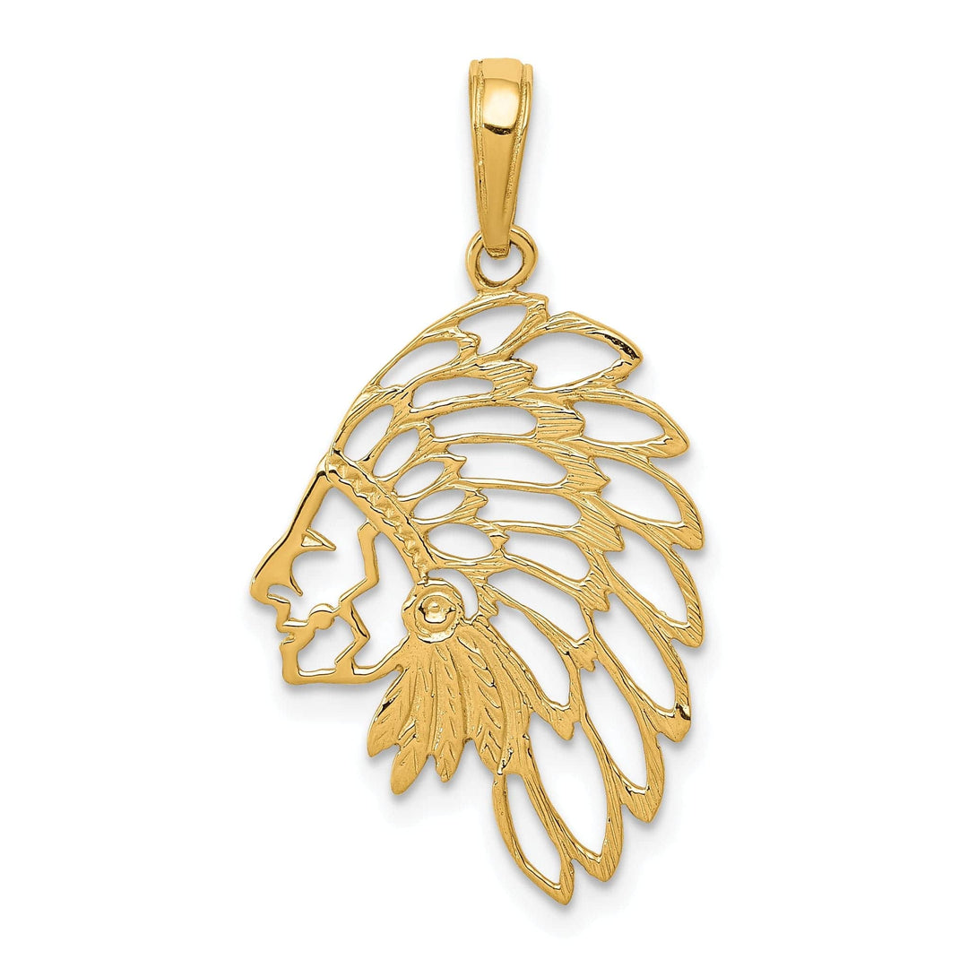 Lovely Rita's Pendants & Charms 14K Yellow Gold Solid Textured Polished Finish Indian Head With Feathers Dress Charm Pendant